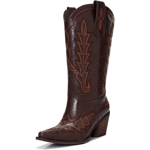 🆕Women Chestnut Brown Faux Leather Wood Embroidered Chunky Heel Cowgirl Boots - Picture 3 of 8